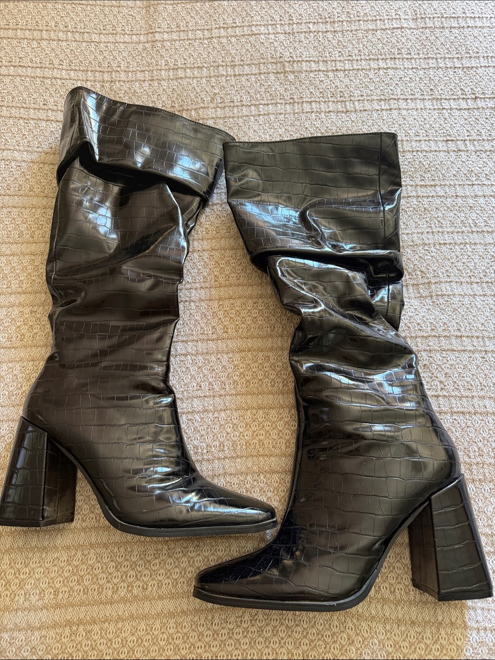 Black Croc-Embossed Knee Boots - Stylish Women's Boots